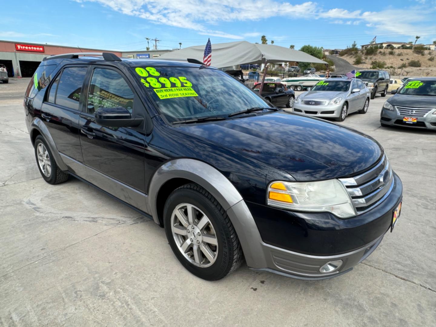 2008 Blue Ford Taurus X SEL AWD (1FMDK05W18G) with an 3.5L V6 DOHC 24V engine, 6-Speed Automatic Overdrive transmission, located at 2190 Hwy 95, Bullhead City, AZ, 86442, (928) 704-0060, 0.000000, 0.000000 - 2008 ford Taurus X SEL. All wheel drive. 3rd row.cold ac. Leather, in house financing. Completely serviced. New tires. New windshield. Free warranty. Buy here pay here. 2 owner clean carfax. - Photo#0