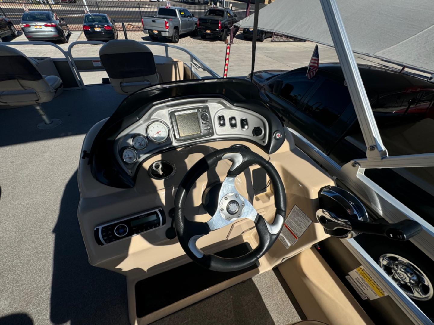 2017 tan Suntracker Fishin Barge 22 DLX , located at 2190 Hwy 95, Bullhead City, AZ, 86442, (928) 704-0060, 0.000000, 0.000000 - On consignment. this super clean 2017 Suntracker Fishing Barge 22DLX. Only 80 hours on the engine. Always covered. Looks like new. 115 4 stroke engine. Recently serviced. spare tire. fish finder. livewell. lots of extras. Well taken care of . carpet and interior in great shape. Free and clear title. - Photo#19