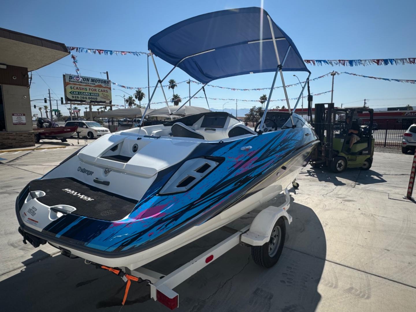 2005 White /white/blue Sea Doo Challenger 180 , located at 2190 Hwy 95, Bullhead City, AZ, 86442, (928) 704-0060, 0.000000, 0.000000 - on consignment. 2005 Sea Doo Challenger 180. 18ft with 4 tech 4 stroke engine. runs and drives great. only 86 hours. That's right 86 hours on the engine. Recently serviced. newer bimini top . stereo custom decals. spare tire. free and clear title for boat and trailer. - Photo#8