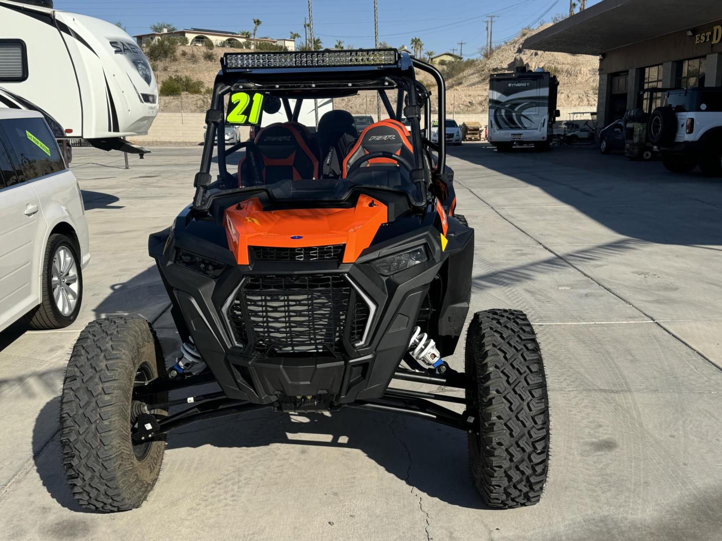 2021 Orange /black/orange Polaris Rzr xp4 turbo s velocity , located at 2190 Hwy 95, Bullhead City, AZ, 86442, (928) 704-0060, 0.000000, 0.000000 - 2021 Polaris Rzr xp4 turbo S velocity. Only 600 miles. 1 owner. lots of extras. full windshield. hard top. street legal kit. rear whip lights. rear seat has middle seat belt and harness for 3 rear riders. seats 5. Like new. - Photo#1