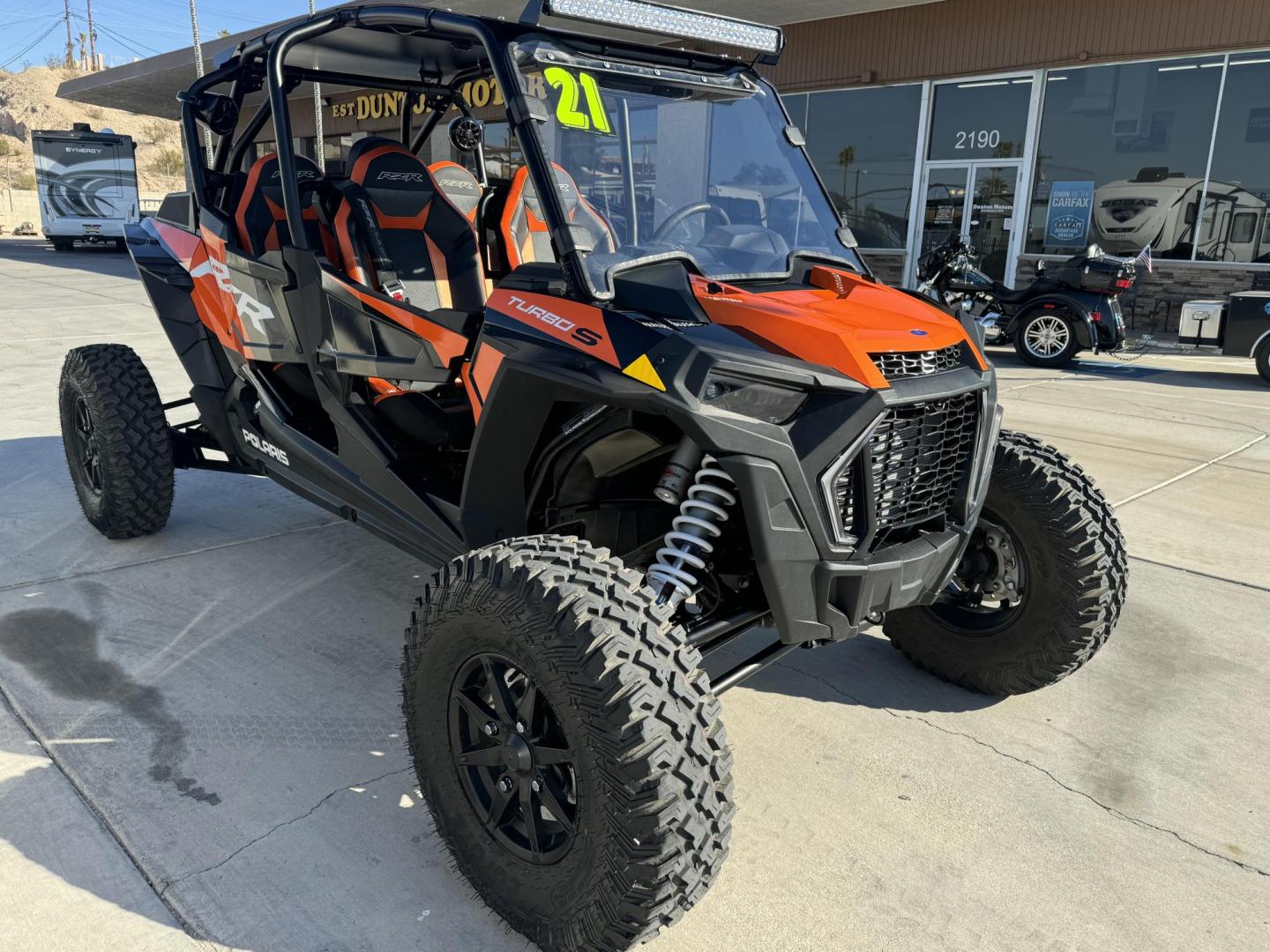 2021 Orange /black/orange Polaris Rzr xp4 turbo s velocity , located at 2190 Hwy 95, Bullhead City, AZ, 86442, (928) 704-0060, 0.000000, 0.000000 - 2021 Polaris Rzr xp4 turbo S velocity. Only 600 miles. 1 owner. lots of extras. full windshield. hard top. street legal kit. rear whip lights. rear seat has middle seat belt and harness for 3 rear riders. seats 5. Like new. - Photo#3