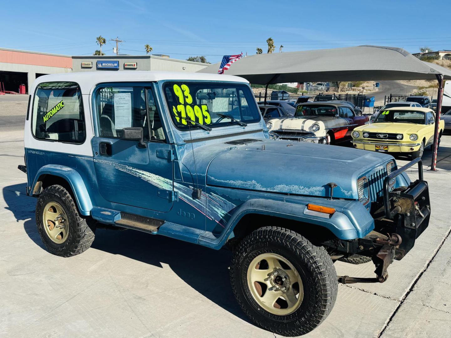 1993 blue Jeep Wrangler Base (1J4FY29S5PP) with an 4.0L L6 OHV 12V engine, located at 2190 Hwy 95, Bullhead City, AZ, 86442, (928) 704-0060, 0.000000, 0.000000 - hard top. 4.0 6 cylinder automatic. air conditioning. a true classic jeep. IN house financing. We finance. completely serviced. new battery ,tires like new ac works great. a classic jeep wrangler 4x4. - Photo#5